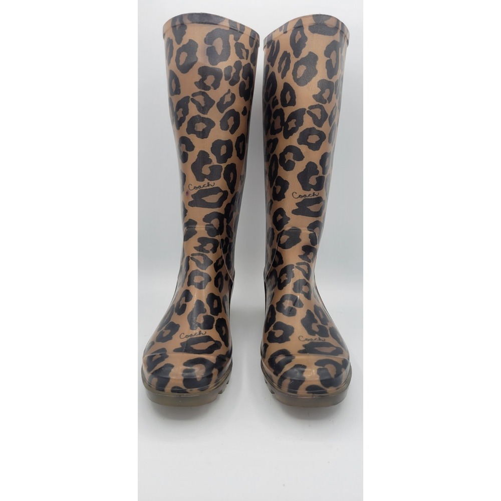 Coach Rain Boots Women 8 Leopard Print Brown Tristee Tall Rubber Lug